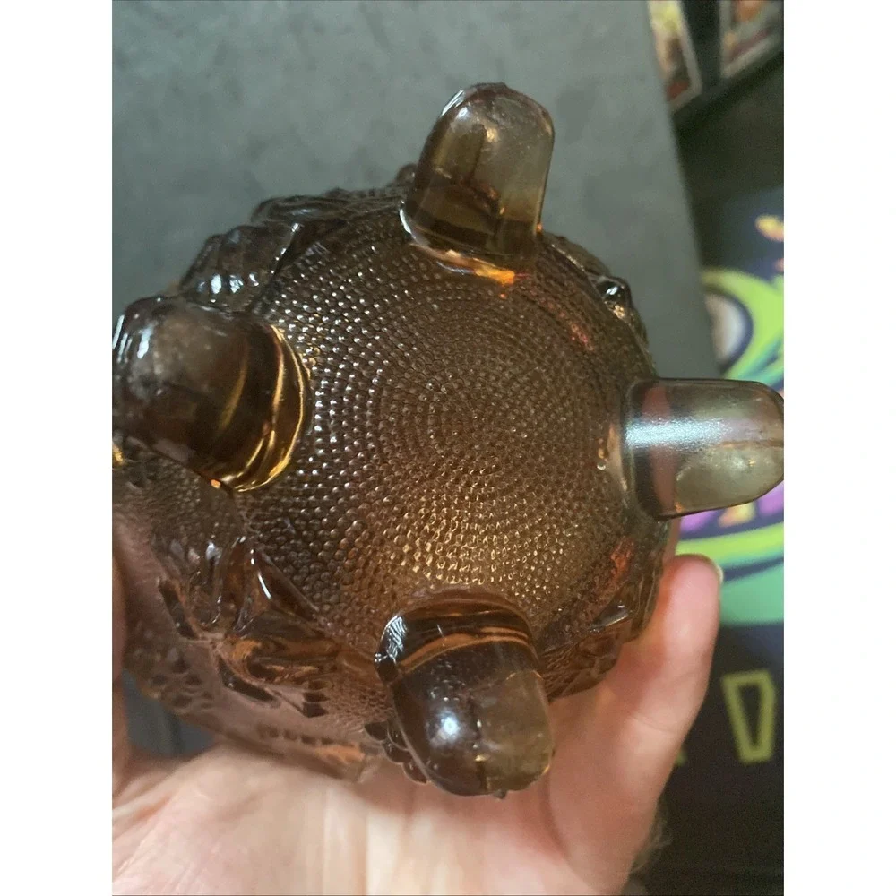 Peach by Jeannette Footed Candy dish and lid, grapes, stippled Glass Vintage